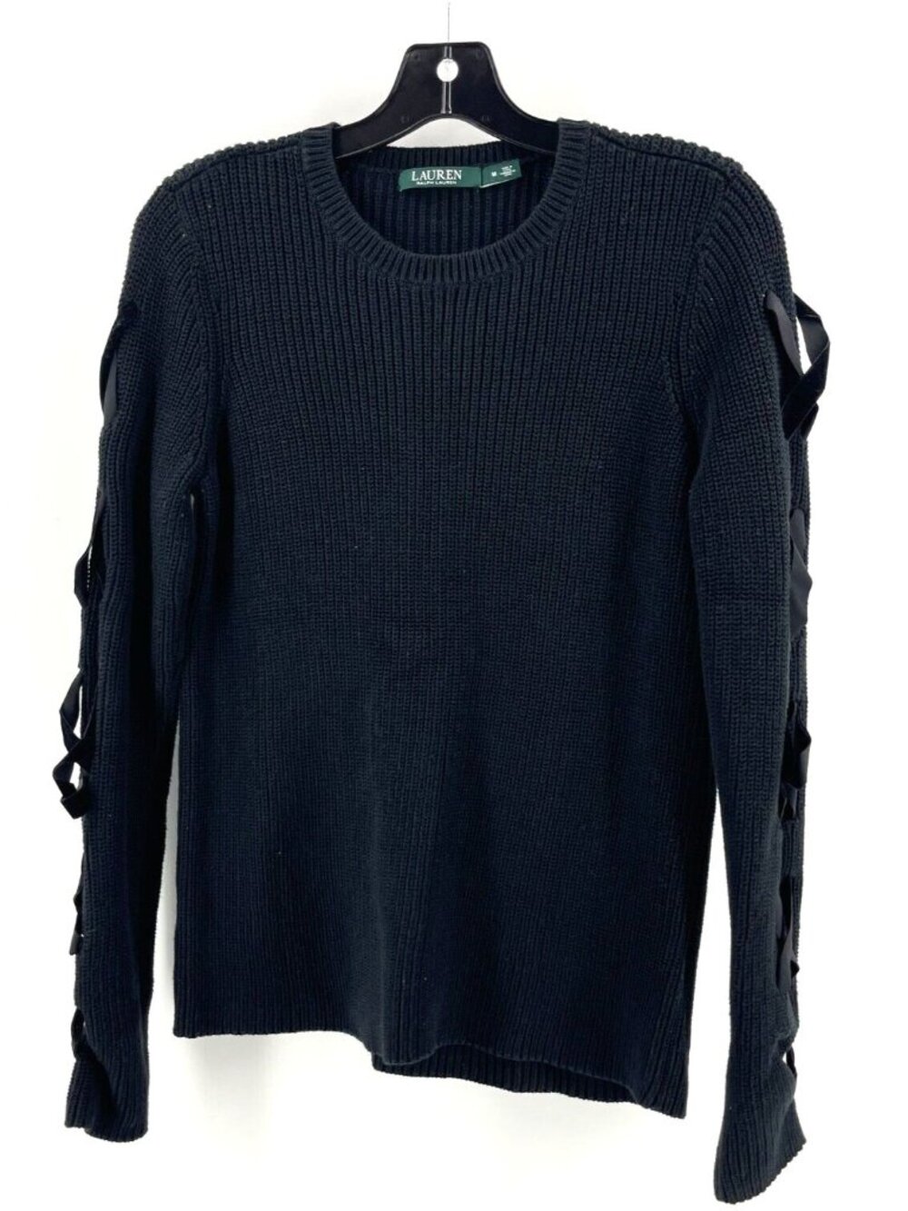 Lauren Ralph Lauren Black Knit Sweater Velour Criss Cross Sleeve Straps Size M